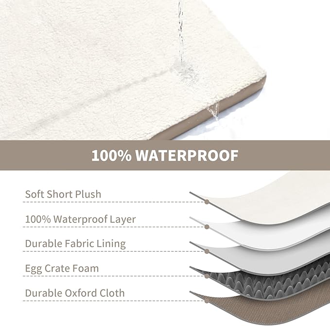 Orthopedic Dog Crate Bed for Extra Large Dogs, XXL Waterproof Comfort Pet Bed with Egg Crate Foam 47x29 Inch, Removable Oxford Cooling Cover, Khaki White