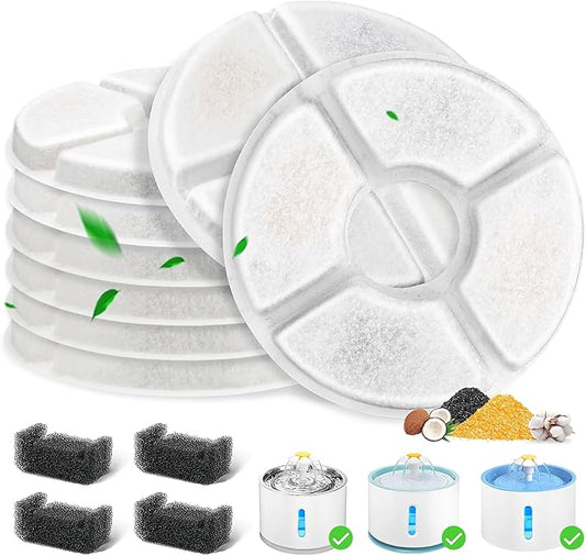 12 Pack Cat Water Fountain Filter, 8 Pcs Cat Fountain Filters Replacement Dia is 5" & 4 Pcs Pre-Filter Sponges for 81oz / 2.4L Round Automatic Pet Water Fountain Dog Dispenser, 3-Filtration System