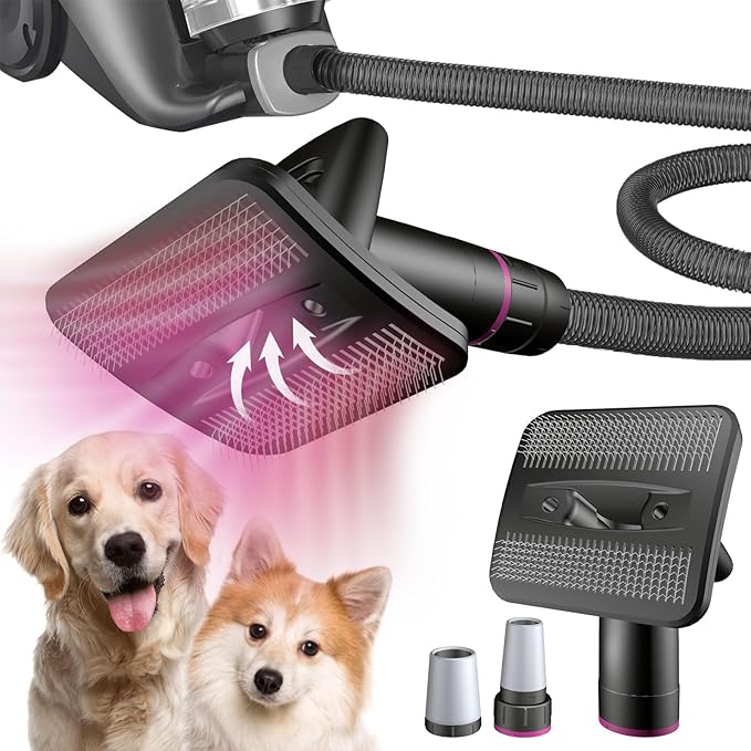 Dog Brush Vacuum Attachment, Dog Grooming Vacuum Attachment (Vacuum Not Included), Pet Grooming Tool for Dogs & Cats Compatible with 1–1.5" Round Port Vacuums, with Extension Hose