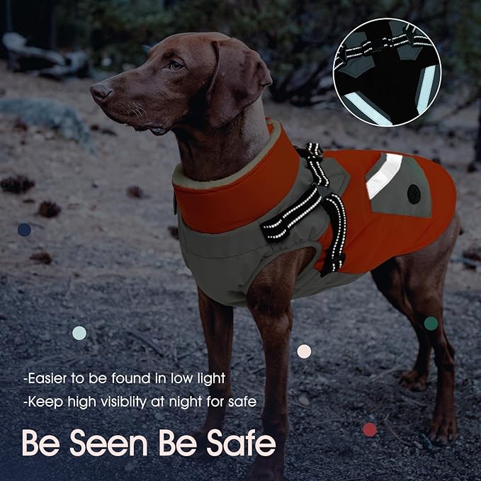 IECOii Dog Coat for Large Dogs Waterproof Dog Winter Jacket with Harness Built in, Orange - XXLarge, Thermal Warm Fleece Lined, Reflective Dogs Jackets for Cold Weather Camping, Hiking, Pitbull