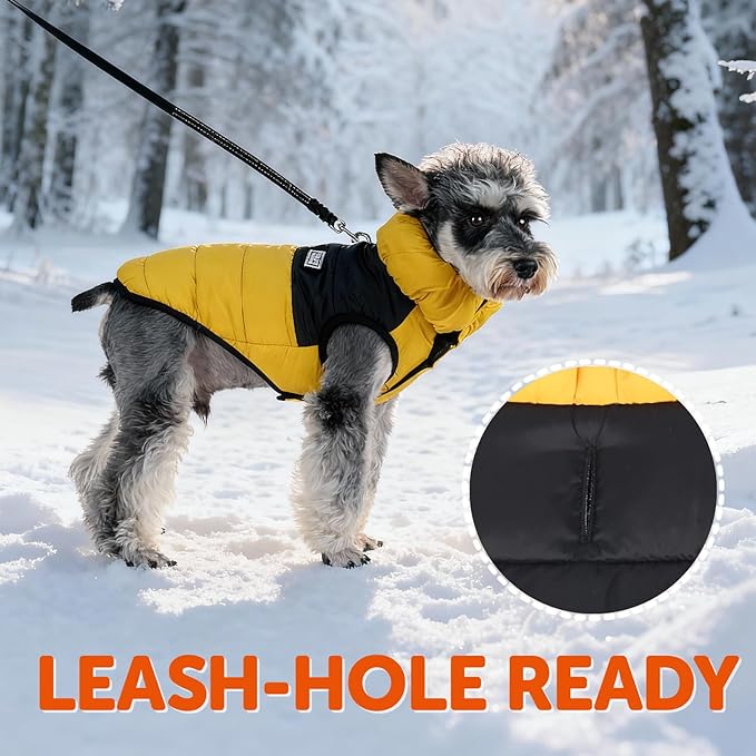FOFOS Dog Winter Coat, Plush Dog Jacket with Leash Hole, Adjustable Warm Pet Snow Vest for Small Medium Dogs, Yellow, S