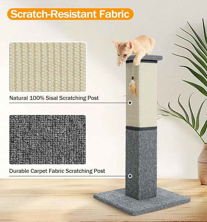 Made4Pets Cat Scratching Post, 32 Inch Natural Sisal & Carpet Covered Cat Scratcher with Kitten Toy, Dual-Material Tall Scratching Post for Indoor Cats Adults and Kittens, Beige