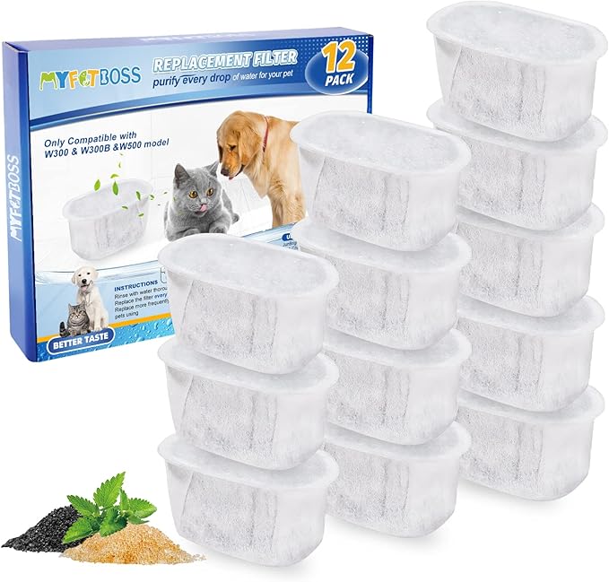 12 Pack Cat Water Filter Replacement for W300&W300B&W500 Pet Water Fountain, Pet Fountain Filters for 67oz/2L and 118oz/3.5L Automatic Cat Water Fountains