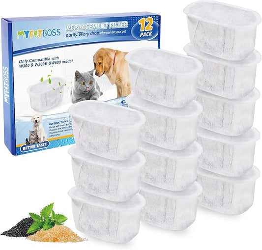 12 Pack Cat Water Filter Replacement for W300&W300B&W500 Pet Water Fountain, Pet Fountain Filters for 67oz/2L and 118oz/3.5L Automatic Cat Water Fountains
