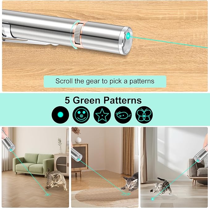 TBTeek Cat Toy, Unique Green Light, Rechargeable, 7 Adjustable Patterns, Interactive Kitten Pet Dog Chase Light Toy for Fun Playing Exercise(2 Pieces)