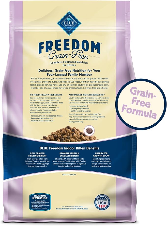 Blue Buffalo Freedom Grain-Free Indoor Dry Kitten Food with DHA, Complete & Balanced Nutrition for Kittens, Chicken Recipe, 5-lb. Bag