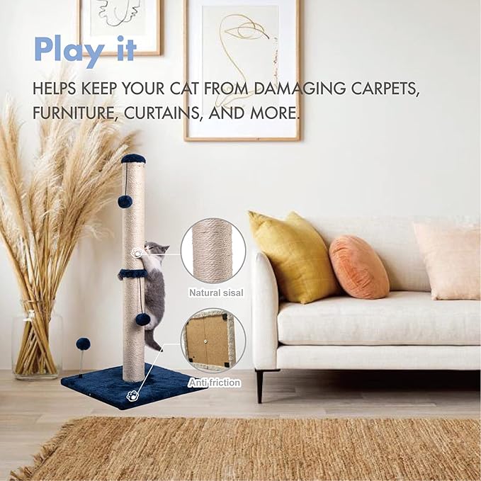 MECOOL 34“ Tall Cat Scratching Post Premium Basics Kitten Scratcher Sisal Scratch Posts Trees with Hanging Ball for Indoor Cats, Navy