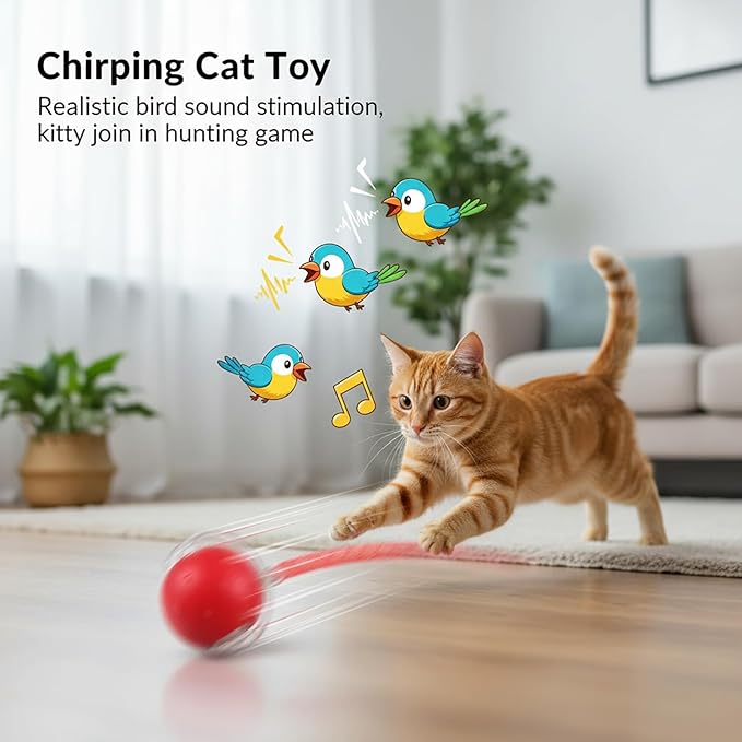 Interactive Cat Toys Ball for Cats - Upgrade Automatic Cat Toys for Indoor Cats, Chirping Cat Toy, 3 Modes 2 Speed Moving Cat Ball with Dragonfly Feathers 2PCS (Red Blue)