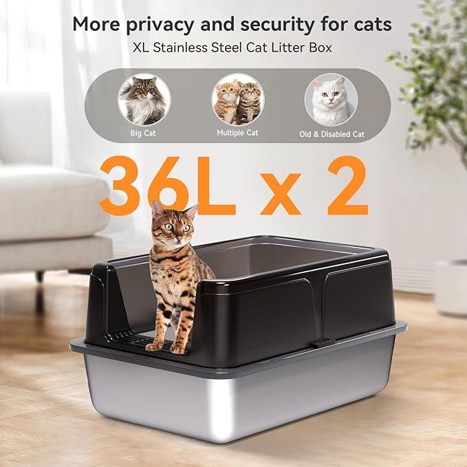 2 Pack Stainless Steel Litter Box, XL Enclosed Cat Litter Boxes, Metal Litter Pan with High Sides Odor Free Non Sticky Easy Cleaning, Black