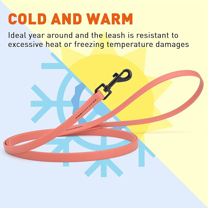 Dogline Biothane Waterproof Dog Leash Strong Coated Nylon Webbing with Black Hardware Odor-Proof Easy to Clean High Performance for Small or Large Dogs Made in USA 4 or 6 ft Lead, Coral