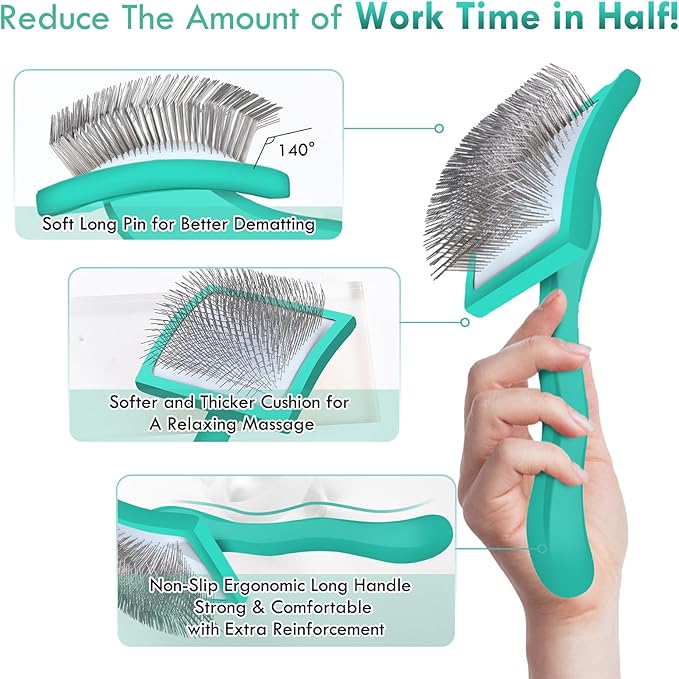 Large Dog Slicker Brush for Shedding & Curly Coat, Long Hair Dogs & Cats, Doodles, Poodles & Goldendoodles, Long Pin Grooming Brush with Wooden Handle, 3 Pcs Comb Set for Mats Tangles. Green