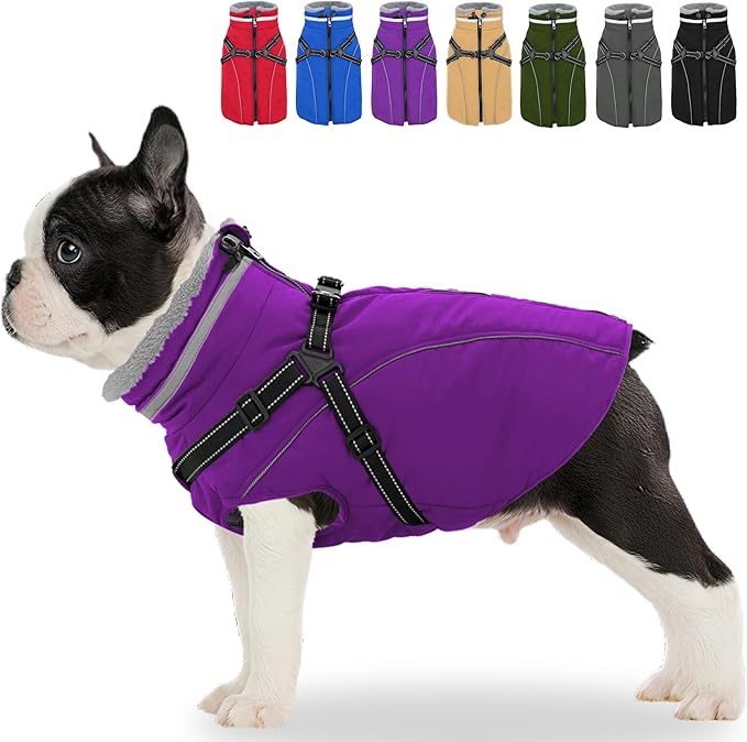 Fragralley Dog Coat with Harness Built in, Waterproof Windproof Reflective Warm Puffer Jacket, Fleece Lined Vest Winter Parka for Small, Medium, Large Dogs