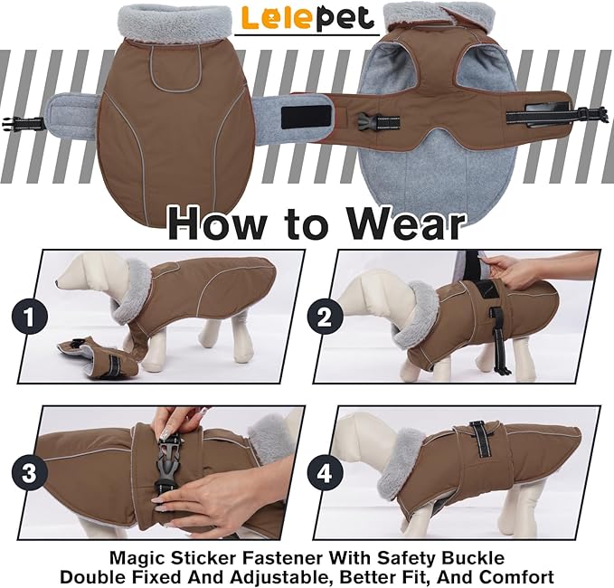 Lelepet Warm Dog Coats for Large Dogs Waterproof Dog Jacket Reflective Pet Fleece Vest Windproof Cold Weather Coats with Adjustable Buckle & Leash Hole, Brown, XXL