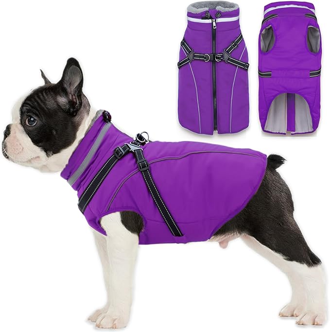 Fragralley Dog Coat with Harness Built in, Waterproof Windproof Reflective Warm Puffer Jacket, Fleece Lined Vest Winter Parka for Small, Medium, Large Dogs