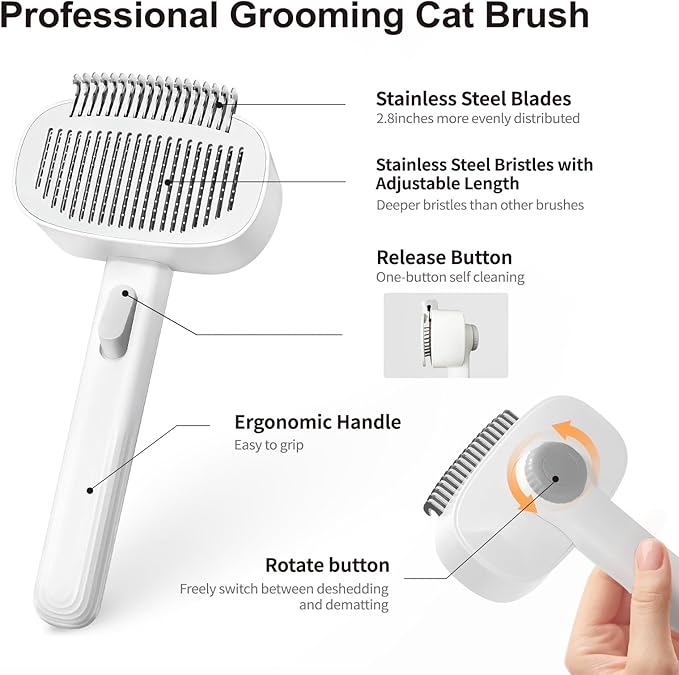 Cat Brush for Shedding, 2-in-1 Deshedding Brush & Dematting Comb for Long Haired Cats and Dogs, Slicker Brush for Dogs Effectively Removes Matted Fur & Tangles, White