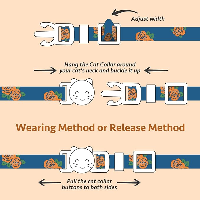 2 Pack Cotton Breakaway Cat Collar Blue and Black Rose Pendant Cute Kitten Cat Collar with Bell