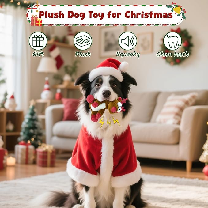 Christmas Squeaky Dog Toys, Stuffed Toys with Crinkle Paper, Interactive Toys to Keep Them Busy, Durable Plush Reindeer for Small, Medium and Large Dogs.