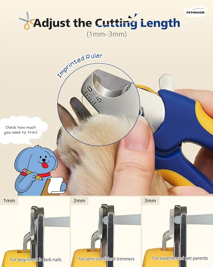 PETHROOM] Professional Dog Nail Clipper with Transparent Guard & Nail File | Adjustable Cutting Length (1-3mm) Sturdy, Durable Stainless Steel Blade | Nail Trimmer for Pets Avoid Overcutting
