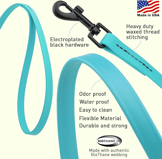 Dogline Biothane Waterproof Dog Leash Strong Coated Nylon Webbing with Black Hardware Odor-Proof Easy to Clean High Performance for Small or Large Dogs Made in USA 4 or 6 ft Lead, Sky Blue