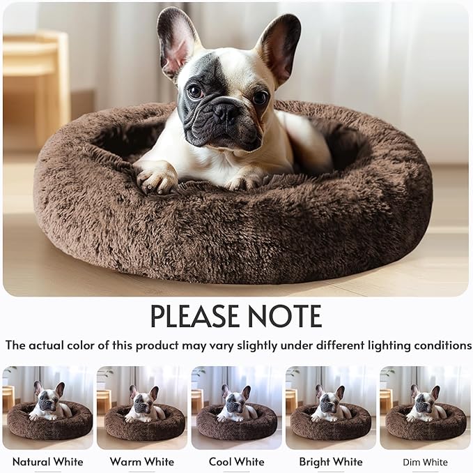 JOLLYVOGUE Calming Dog Bed Large Size Dog, Anti-Anxiety Donut Large Pet Bed, 36 inches Fluffy Faux Fur Round Cat Bed, Fits up to 75 lbs Pets (Coffee)