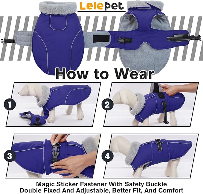 Lelepet Warm Dog Winter Coat Waterproof Dog Jacket with Adjustable Buckle & Leash Hole Reflective Pet Fleece Snowsuit Turtleneck Windproof Cold Weather Coats, Blue, XXL