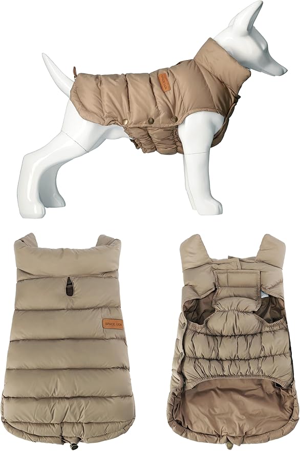 SPACE LION Dog Puffer Jacket, Down Winter Coat, Durable Outdoor Coat for Cold and Windy Conditions, Lightweight & Adjustable Fit Coats for Small Dogs, (Khaki, Size10/S)