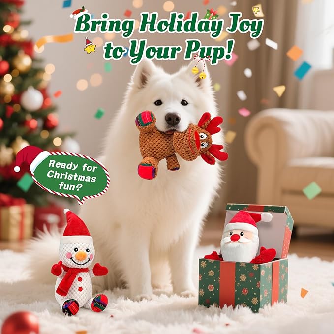 Christmas Dog Toys Set - 3 Pack Durable Squeaky Dog Toys for Small, Medium & Large Dogs, Soft Plush Santa, Reindeer & Snowman Gift for Pets