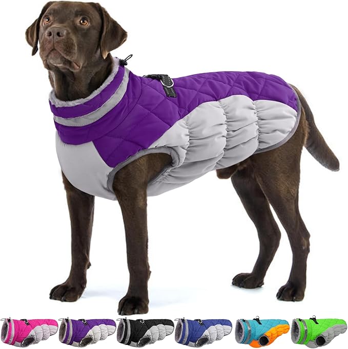 Dog Coats for Large Dogs,XL Dog Coat,Warm Fleece Winter Coat with D-Ring,Back Zipper Pet Jacket for Large Dogs,Waterproof Pet Snow Jacket Clothes Snowsuit Beagle Corgi Border Collie,Purple,XL