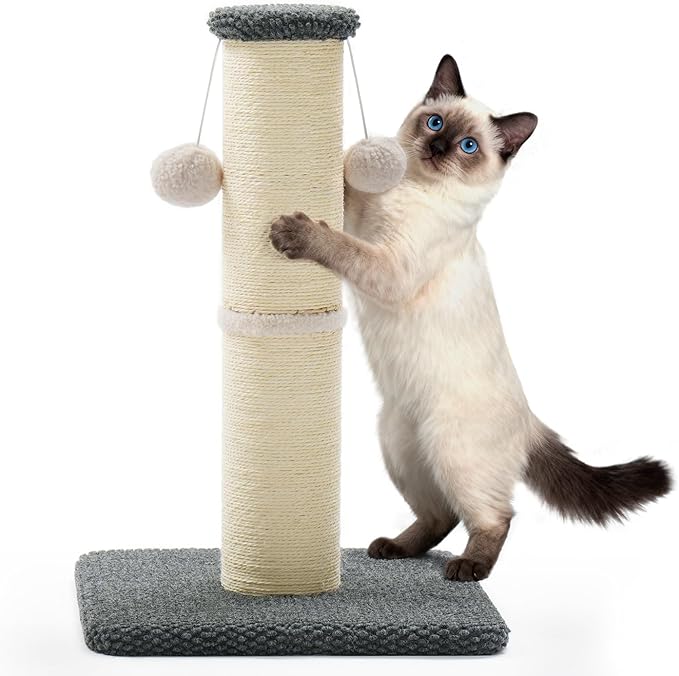 Made4Pets Tall Cat Scratching Post, 23.6" Natural Sisal Cat Scratcher with Hanging Balls, Heavy Duty and Thicker Scratching Post for Indoor Cats Adults, Sturdy Base Cat Scratch Post, Dark Grey
