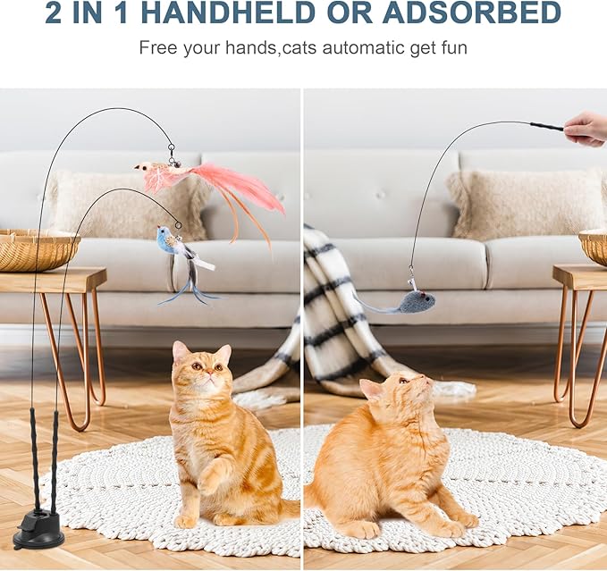 Interactive Bird Simulation Cat Toy Set -2 Teaser Poles, 4 Replacement Birds, 1 Feather & 1 Mouse - Self-Stick Base for Realistic Hunting Fun