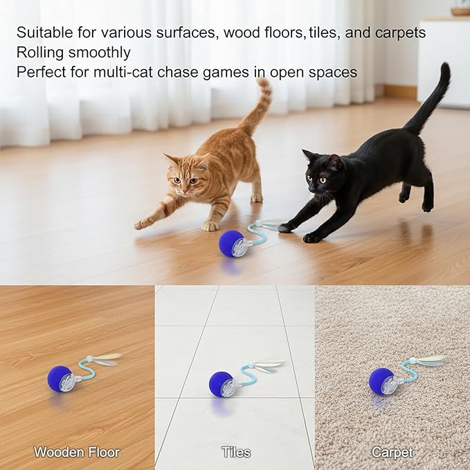 Interactive Cat Toys Ball for Cats - Upgrade Automatic Cat Toys for Indoor Cats, 3 Modes 2 Speed Moving Cat Ball with Dragonfly Feathers 2PCS (Red Blue)