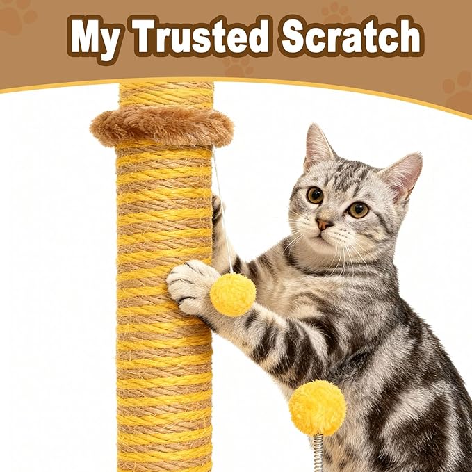 Bee Cat Scratching Post, 36" Tall Cat Scratcher for Indoor Cats - Modern Sisal Scratch Post with Dangling Ball & Plush Toys for Kittens and Adult Cats