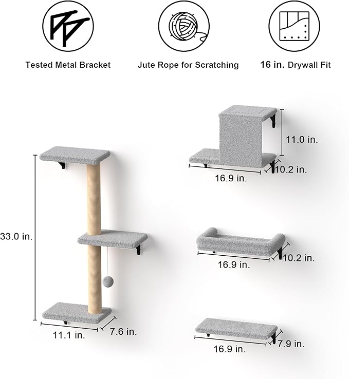FUKUMARU Cat Wall Shelves, Stable & Safe 4 in 1 Cat Furniture Set, Wooden Climbing Wall with Scratching Post for 16 Inch Drywall - Light Gray