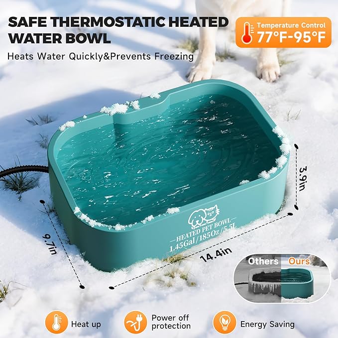 1.45 Gallon Extra-Large Heated Water Bowl for Dog&Cat,Outdoor Heated Dog Bowl with Anti-Chew Cord,Waterproof Heated Pet Bowl Provides Drinkable Water in Winter for Chickens,Squirrels,Rabbits,Blue