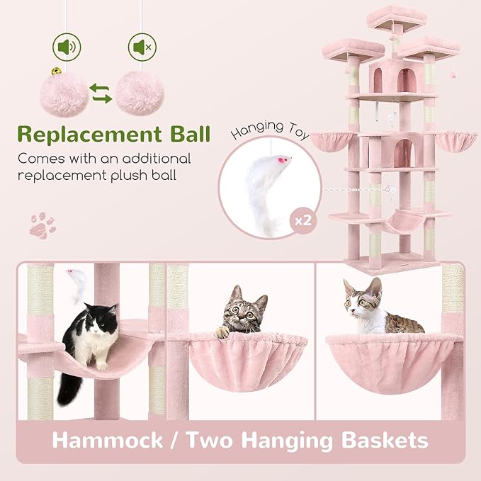 Globlazer Big Pink Cat Tower for Indoor Cats, 80inch Cat Tower for Multiple Adult Cats XXL Cat Tree with Scratching Post, Hammock, 3 Perches, 2 Condos, 2 Hanging Basket, F80, Pink