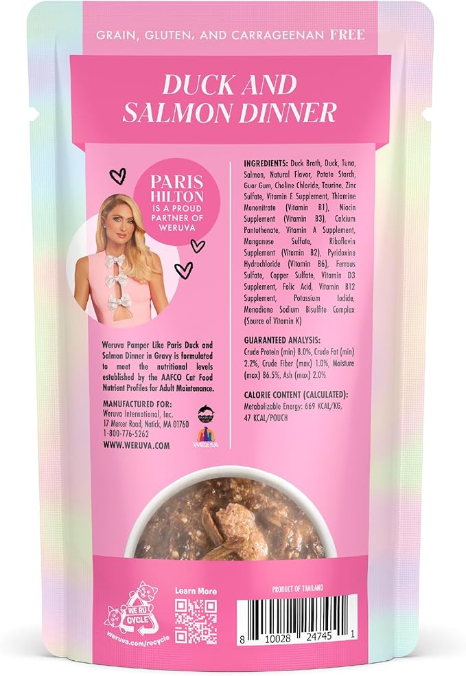 Weruva Paris Hilton Pamper Like Paris Wet Cat Food, Duck and Salmon in Gravy, 2.47oz Pouch, Pack of 12
