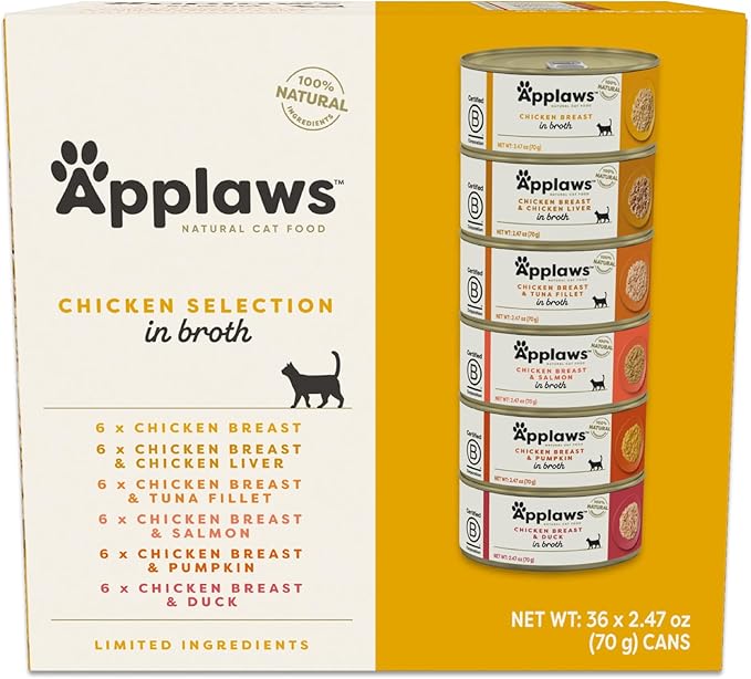 Applaws Natural Wet Canned Cat Food, Limited and Natural Ingreidents, High Protein with No Artificial Additives, Chicken Selection in Broth Cans (36 x 2.47oz Cans)