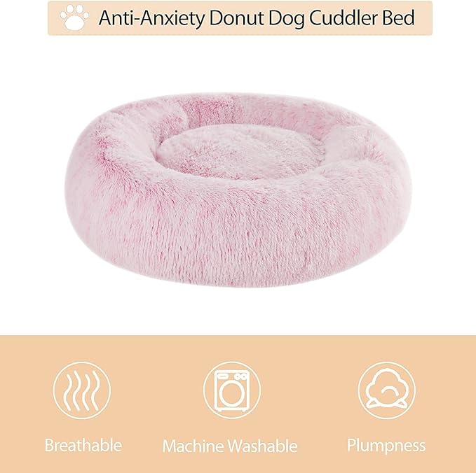WNPETHOME Donut Dog Beds Large Sized Dog,Anti-Anxiety Caming Large Pet Bed,Fluffy Faux Fur Plush Puppy Bed，Warming Cozy Soft Round Bed for Pet, Cat Cuddler Cushion