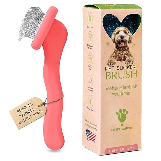 Pet Slicker Brush With Soft Massage Grooming Stainless Steel Pins - For Dematting, Shedding Fur, and Undercoat - Ideal Gift for Professional Pet Groomers - Long Slicker Brush (Coral, Flat Small)