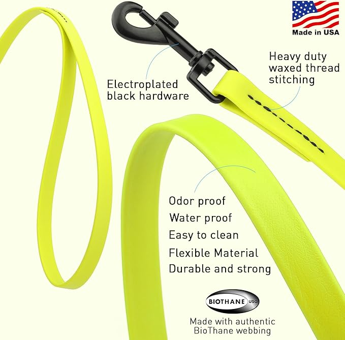 Dogline Biothane Waterproof Dog Leash Strong Coated Nylon Webbing with Black Hardware Odor-Proof Easy to Clean High Performance for Small or Large Dogs Made in USA 4 or 6 ft Lead, Safety Yellow