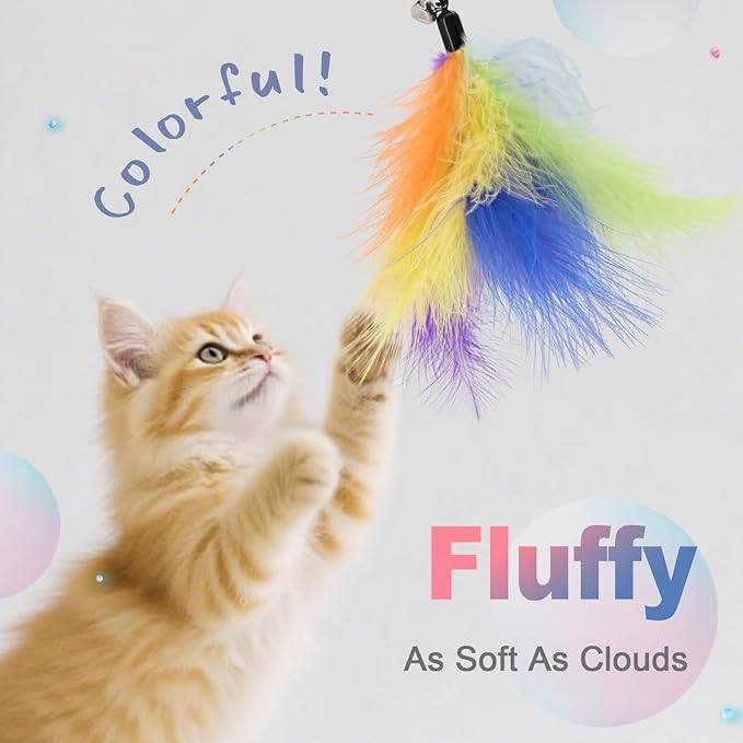 SONGWAY Cat Wand Toys for Indoor Cats - Cat Toy Set with Retractable Teaser Wand and 6 PCS Colorful Feather Toy Refills, Dragonfly Tassel Plush Cat Toys Interactive, Multicolored
