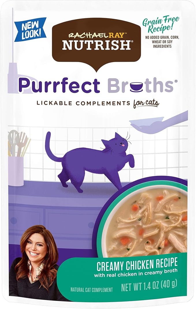 Rachael Ray Nutrish Purrfect Broths Natural Wet Cat Food, Creamy Chicken Bisque with White Meat Chicken & Veggies Recipe, 1.4 Ounce Pouch, Grain Free (Pack of 24)
