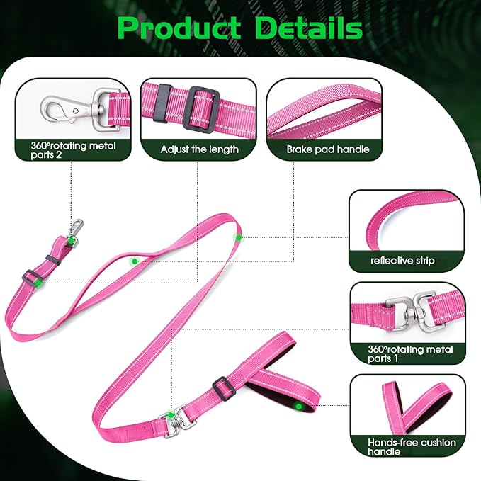 Hands-Free Dog Leash, Heavy Duty No-Pull Training Lead w/Anti-Tangle, Double Padded Traffic Handles Adjustable 4-4.6FT & Reflective Thread for Medium Large Dogs for Running/Walking Pink