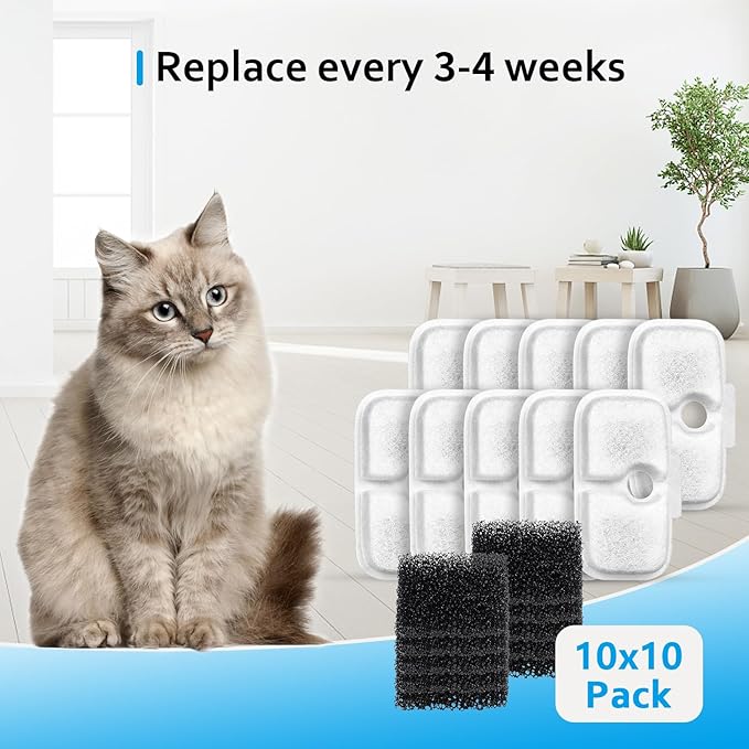 10 Pack Replacement Cat/Dog Fountain Filters Compatible with 2.5L/84oz Dockstream Cat Fountain PLWF005/PLWF115/PLWF105,10 Pack Triple Action Pet Fountain Filter and Pre-Filter Sponges