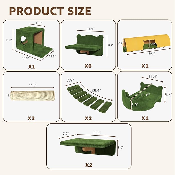 16-in-1 Cat Wall Shelves, Wall Mounted Cats Furniture Set w/Plush Fabric, Cat Climbing Systems, Cats Shelf with 40''L Tunnel, Condos, House, Steps, Bridge Ladder & Scratching Post, Green