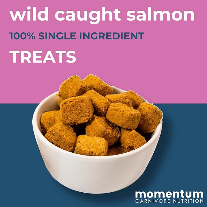 Momentum Carnivore Nutrition Freeze-Dried Wild-Caught Salmon Dog Treats & Cat Treats – Single-Ingredient, High-Protein, Grain-Free, Natural Source of Omega-3s – Made in USA – 3 oz Bag