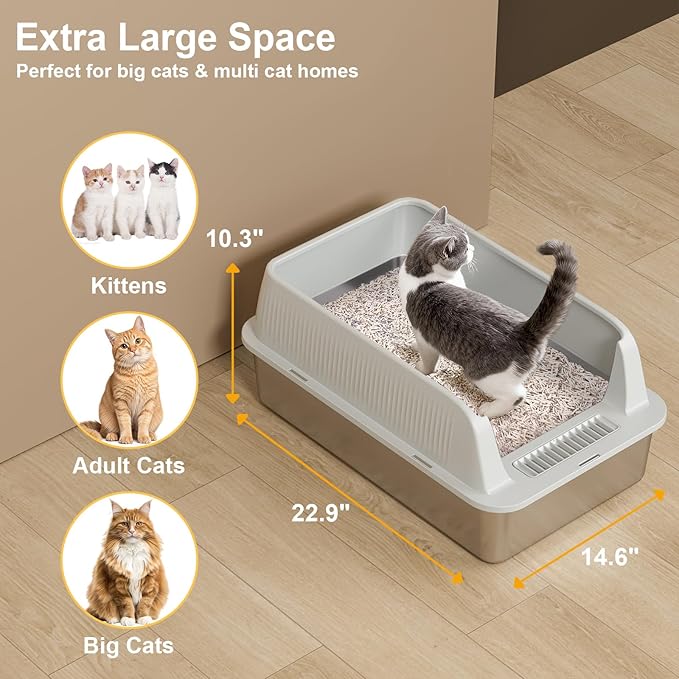 TENTIZON Stainless Steel Cat Litter Box with Lid, Open Top Large Metal Kitty Litter Pan with High Side, Litter Mat, Scoop for Indoor Cats, Kitten, Multi-Cats Home, Odor Control, Leak Proof, Easy Clean