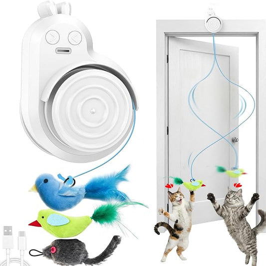 Interactive Cat Toys for Indoor Cats: Automatic Electric Flying Bird Feather & Mouse Wand, Rechargeable Electric Hanging Play Chase Exercise Moving Enrichment Toy for Bored Kittens and Adult Cats