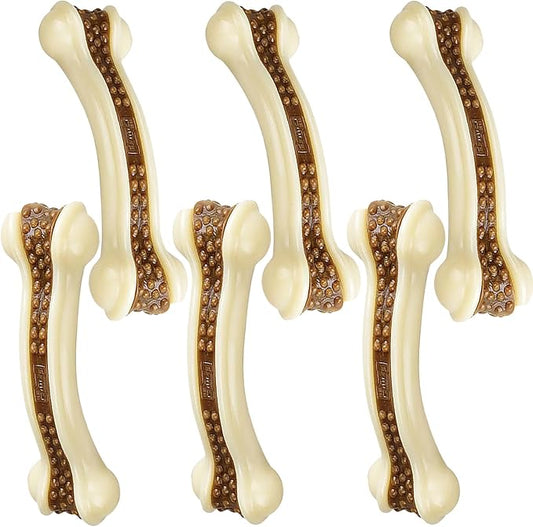 Dog Chew Bones Toys for Aggressive Chewers, 6 Pack Real Beef Flavor Bones,Indestructible Dog Toys for Large/Medium Breed, NylonToys