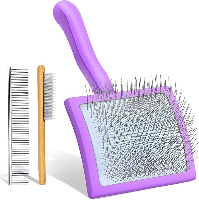 Large Dog Slicker Brush for Shedding & Curly Coat, Long Hair Dogs & Cats, Doodles, Poodles & Goldendoodles, Long Pin Grooming Brush with Wooden Handle, 3 Pcs Comb Set for Mats Tangles Purple